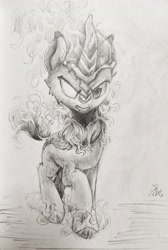 Size: 2836x4224 | Tagged: safe, artist:b_m, kirin, nirik, angry, cloven hooves, fire, grayscale, looking at you, monochrome, pencil drawing, simple background, solo, traditional art, white background