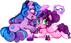 Size: 924x563 | Tagged: safe, artist:esmeia, izzy moonbow, pipp petals, pegasus, pony, unicorn, g5, alternate hairstyle, chibi, coat markings, colored wings, curly mane, curly tail, duo, female, hoof polish, lesbian, lying down, magic, magic aura, mare, nail polish, pale belly, pillow, prone, ribbon, ship:moonpetals, shipping, simple background, socks (coat markings), tail, telekinesis, transparent background, two toned wings, wings