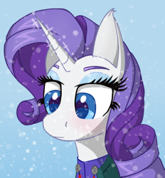 Size: 1016x1096 | Tagged: safe, artist:raritymylove, derpibooru exclusive, rarity, pony, unicorn, g4, blushing, clothes, ear fluff, female, mare, snow, solo, viking