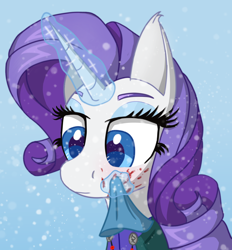 Size: 1016x1096 | Tagged: safe, artist:raritymylove, derpibooru exclusive, rarity, pony, unicorn, g4, blood, blushing, clothes, ear fluff, female, handkerchief, magic, mare, snow, solo, viking