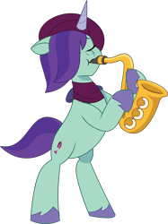 Size: 1187x1590 | Tagged: safe, artist:prixy05, onyx, pony, unicorn, g5, my little pony: tell your tale, beret, bipedal, clothes, eyes closed, female, hair over one eye, hat, mare, musical instrument, saxophone, scarf, simple background, solo, transparent background, vector