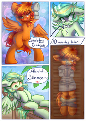 Size: 3508x4961 | Tagged: safe, artist:chaosangeldesu, oc, oc only, oc:flaming hoof, pegasus, pony, angry, bipedal, blushing, bondage, chest fluff, comic, commission, cross-popping veins, cupboard, emanata, food, gag, muffin, oc x oc, shipping, smiling, straitjacket, tape, tape gag