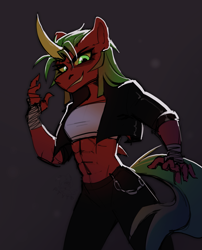 Size: 1393x1720 | Tagged: safe, artist:rtootb, oc, oc only, oc:riot, dracony, dragon, hybrid, anthro, abs, anthro oc, big horn, chains, clothes, digital art, female, green eyes, green hair, horn, hybrid oc, looking at you, muscles, muscular female, red fur, rough sketch, sharp teeth, simple background, sketch, smiling, smirk, solo, teeth
