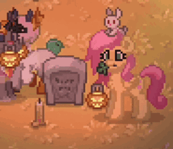 Size: 370x320 | Tagged: safe, artist:burn?, fluttershy, ghost, pony, rabbit, undead, pony town, g4, animal, animated, candle, clover, cute, gif, gravestone, halloween, holiday, jack-o-lantern, one eye closed, pumpkin, wink