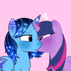 Size: 1280x1280 | Tagged: source needed, safe, artist:kai, twilight sparkle, oc, oc:blue thunder, alicorn, pony, g4, alicorn oc, blushing, canon x oc, duo, female, horn, kiss on the lips, kissing, love, male, pink background, simple background, straight, thundersparkle, twilight sparkle (alicorn), wings
