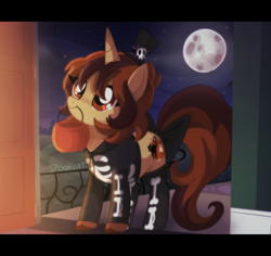 Size: 2751x2600 | Tagged: safe, artist:spookyle, oc, oc only, oc:pumpkin patch, pony, unicorn, clothes, costume, cute, halloween, hat, high res, holiday, horn, moon, mouth hold, ocbetes, pumpkin bucket, skeleton costume, solo, unicorn oc