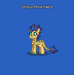 Size: 380x381 | Tagged: safe, oc, oc only, oc:smoky mountains, dragon, half-dragon, hippogriff, hybrid, pony, pony town, blue background, do not steal, female, hybrid oc, interspecies offspring, offspring, orange skin, original character do not steal, parent:smolder, parent:terramar, simple background, solo, wings