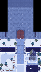 Size: 6145x10711 | Tagged: safe, deer, reindeer, them's fightin' herds, amputee, banner, bridge, community related, game, game screencap, gate, house, lamppost, map, pixel art, pond, river, road sign, snow, stump, tree, wagon, wall, water