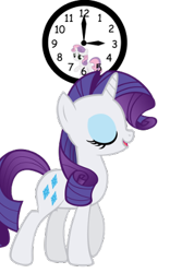 Size: 250x400 | Tagged: safe, artist:sbloom85, rarity, sweetie belle, pony, unicorn, fanfic:a little loopy, g4, clock, eyes closed, fanfic art, female, filly, foal, mare, simple background, transparent background, vector