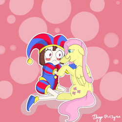 Size: 6000x6000 | Tagged: safe, artist:bigmike, fluttershy, humanoid, pegasus, pony, g4, animate object, crossover, crying, doll, duo, duo female, female, hat, jester, jester hat, jester outfit, living doll, mare, pomni, smiling, the amazing digital circus, toy