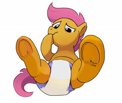Size: 2285x1942 | Tagged: safe, artist:asdfasfasda, scootaloo, pegasus, pony, g4, cute, cutealoo, diaper, diaper fetish, diaper usage, female, fetish, flustered, hooves, looking at you, lying down, mare, nervous, non-baby in diaper, on back, peeing in diaper, pissing, simple background, soaked diaper, solo, spread legs, spreading, underhoof, urine, used diaper, using diaper, wavy mouth, wet diaper, white background