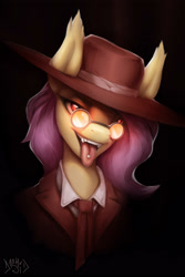Size: 2000x3000 | Tagged: safe, artist:dashid, fluttershy, bat, bat pony, fruit bat, pony, undead, vampire, vampire fruit bat, vampony, g4, alucard, alushy, bust, clothes, hat, high res, looking at you, open mouth, piercing, portrait, smiling, smiling at you, teeth