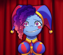 Size: 2400x2076 | Tagged: safe, artist:maren, misty brightdawn, pony, g5, clothes, cornrows, cosplay, costume, crossover, eye clipping through hair, grin, gritted teeth, hat, high res, jester, jester hat, jester outfit, looking at you, missing horn, nervous, nervous smile, pomni, rebirth misty, smiling, teeth, the amazing digital circus