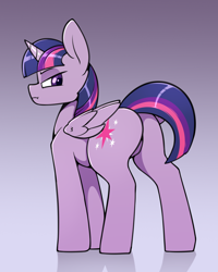 Size: 1200x1500 | Tagged: safe, artist:change, part of a set, twilight sparkle, alicorn, pony, g4, alicorn metabolism, butt, commissioner:lemondrop, digestion without weight gain, featureless crotch, glare, gradient background, plot, post-vore, short tail, tail, twibutt, twilight sparkle (alicorn), twipred