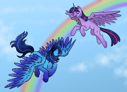 Size: 5325x3855 | Tagged: safe, artist:nqiioh, twilight sparkle, oc, oc:blue thunder, alicorn, pony, g4, alicorn oc, canon x oc, duo, eyes closed, female, flying, horn, male, male alicorn oc, mare, rainbow, sky, soaring, stallion, straight, thundersparkle, twilight sparkle (alicorn), wings