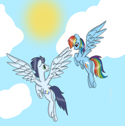 Size: 720x727 | Tagged: safe, artist:dasher666, artist:kulturschock, edit, rainbow dash, soarin', pegasus, pony, g4, female, flying, male, mare, ship:soarindash, shipping, stallion, straight