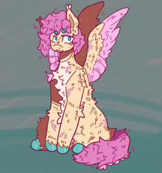 Size: 1920x2048 | Tagged: safe, artist:tottallytoby, fluttershy, pegasus, pony, g4, alternate design, alternate hairstyle, beanbrows, belly fluff, blue background, braid, chest fluff, colored eyelashes, colored hooves, colored wings, colored wingtips, ear tufts, elbow fluff, eyebrows, female, fluffy, hoof polish, leg fluff, leg scar, mare, open mouth, pale belly, pink wingtips, scarred, shoulder fluff, simple background, sitting, solo, spread wings, wing scar, wings