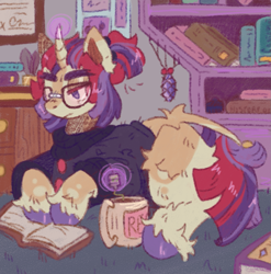 Size: 1253x1268 | Tagged: safe, artist:tottallytoby, moondancer, pony, unicorn, g4, book, bookshelf, clothes, colored eyelashes, colored hooves, cup, curved horn, ear fluff, female, glasses, hoof polish, horn, leg fluff, leonine tail, lidded eyes, lying down, magic, mare, ponytail, prone, reading, solo, tail, tail fluff, teacup, telekinesis, thick eyebrows, turtleneck, unshorn fetlocks