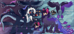 Size: 5500x2500 | Tagged: safe, artist:medkit, oc, oc only, bird, bird pone, fish, hybrid, original species, peacock, pegasus, pony, shark, shark pony, tiger shark, accessory, blue coat, butt fluff, cap, chest fluff, claw, clothes, coat markings, collar, colored claws, colored ear fluff, colored ears, colored eyebrows, colored eyelashes, colored hooves, colored lineart, colored pupils, colored wings, colored wingtips, cyrillic, dark coat, duo, ear cleavage, ear fluff, ear piercing, earring, ears up, eye clipping through hair, eye scar, eyebrows, eyebrows visible through hair, facial markings, facial scar, feather, feathered wings, female, fin, fish tail, fringe, full body, gradient, gradient mane, gradient tail, gradient wings, grammar nazi, grammar police, hat, heart shaped, heterochromia, high res, hoof fluff, jewelry, lightly watermarked, long mane, long mane male, long tail, male, mare, multicolored coat, multicolored eyes, multicolored wings, neon, pair, partially open wings, paw fluff, paw pads, paws, peaked cap, pegasus oc, piercing, quadrupedal, raised eyebrow, redesign, reference sheet, russian, scar, shark tail, shaved mane, shipping, shoulder fluff, signature, slit pupils, smiling, spread wings, stallion, standing, stripes, tail, tassels, text, thorn, two toned mane, unshorn fetlocks, wall of tags, watermark, white mane, wing fluff, wings