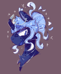 Size: 1602x1929 | Tagged: safe, artist:lichenbug, princess luna, alicorn, pony, g4, alternate design, alternate hairstyle, brown background, bust, chest fluff, colored eyelashes, crooked horn, curved horn, ear piercing, ear tufts, earring, eyeshadow, facial markings, female, hair bun, horn, horn cap, jewelry, lidded eyes, makeup, mare, necklace, piercing, simple background, solo, sparkles