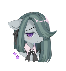 Size: 1102x1179 | Tagged: safe, artist:aniimoni, marble pie, earth pony, pony, g4, bow, bust, female, hair bow, hair over one eye, long hair, mare, portrait, purple eyes, simple background, smiling, solo, white background