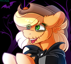 Size: 2024x1824 | Tagged: safe, artist:yuris, applejack, earth pony, pony, g4, applejack skellington, bust, clothes, costume, female, halloween, halloween costume, holiday, jack skellington, mare, nightmare night, open mouth, portrait, smiling, solo, the nightmare before christmas