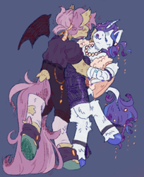 Size: 1527x1867 | Tagged: safe, artist:tottallytoby, fluttershy, rarity, bat pony, pony, unicorn, anthro, unguligrade anthro, g4, alternate hairstyle, bat ponified, bat wings, bipedal, blue background, bracelet, cheek fluff, closed mouth, clothes, colored hooves, cuffs (clothes), curved hown, dress, duo, ear piercing, ear tufts, earring, fangs, female, floating wings, flutterbat, hair bun, hoof polish, jewelry, leg fluff, leggings, leonine tail, lesbian, lipstick, mare, nail polish, necklace, open mouth, pants, pearl necklace, piercing, race swap, raised hoof, ring, ship:flarity, shipping, shirt, simple background, strapless, strapless dress, tail, tail jewelry, wings