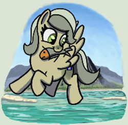 Size: 419x411 | Tagged: safe, artist:maretian, oc, oc:iceland horse, fish, pegasus, pony, female, flying, mare, mountain, mountain range, sky, solo, water