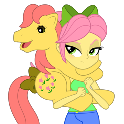Size: 1920x1920 | Tagged: safe, artist:grapefruit-face, posey, posey bloom, earth pony, human, pony, equestria girls 10th anniversary, mlp fim's thirteenth anniversary, equestria girls, g1, g4, g5, 40th anniversary, base used, bow, cheek squish, clothes, duo, equestria girls-ified, g5 to equestria girls, generation leap, hair bow, hug, human ponidox, posey bloom is not amused, self paradox, self ponidox, simple background, squishy cheeks, tail, tail bow, transparent background, unamused