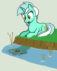 Size: 288x360 | Tagged: safe, artist:maretian, lyra heartstrings, pony, unicorn, g4, female, grass, mare, numget, reeds, reflection, true form, water