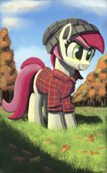 Size: 997x1608 | Tagged: safe, artist:maretian, roseluck, earth pony, pony, g4, autumn, beanie, clothes, cloud, female, flannel, grass, grass field, hat, mare, shirt, sky, solo, tree