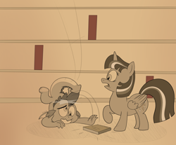 Size: 3500x2900 | Tagged: safe, artist:rupert, spike, twilight sparkle, alicorn, dragon, pony, series:spiketober: rupert style, g4, book, cartoon violence, concerned, derp, dragon tail, feet in the air, female, high res, library, male, monochrome, motion lines, one leg raised, onomatopoeia, open mouth, pain, pain star, tail, twilight sparkle (alicorn), underfoot, upside down, wavy mouth, winged spike, wings