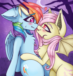 Size: 2387x2509 | Tagged: safe, artist:kittygutzzart, fluttershy, rainbow dash, bat pony, pegasus, pony, g4, bat ears, bat ponified, bat wings, blushing, boop, chest fluff, colored eyebrows, crescent moon, cute, dashabetes, drool, duo, duo female, eye contact, eyebrows, eyebrows visible through hair, fangs, female, floppy ears, flutterbat, high res, lesbian, looking at each other, looking at someone, looking into each others eyes, mare, moon, nervous, night, night sky, noseboop, outdoors, race swap, ship:flutterdash, shipping, shyabates, shyabetes, sky, spread wings, sweat, sweatdrop, tongue out, wings