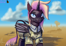 Size: 6203x4320 | Tagged: safe, artist:zlatdesign, derpibooru exclusive, oc, oc only, oc:night shade, alicorn, bat pony, bat pony alicorn, pony, absurd file size, absurd resolution, armor, bat wings, blue eyes, blue lipstick, cloud, desert, ear tufts, female, horn, leonine tail, lipstick, slit pupils, solo, tail, two toned mane, two toned tail, wings