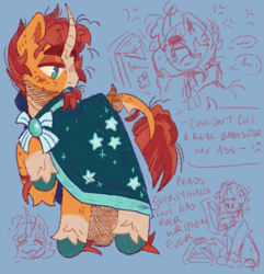 Size: 1781x1850 | Tagged: safe, artist:tottallytoby, sunburst, pony, unicorn, g4, blaze (coat marking), blue background, book, cape, cloak, clothes, coat markings, cross-popping veins, curved horn, ear freckles, elbow fluff, emanata, facial markings, freckles, horn, leg freckles, leonine tail, leonine tailfreckles, levitation, lidded eyes, magic, male, open mouth, pale belly, raised hoof, reading, simple background, sitting, sketch, socks (coat markings), solo, speech, speech bubble, stallion, standing, sunburst's cloak, tail, tail freckles, talking, telekinesis, text, thick eyebrows, tongue out, turned head, unshorn fetlocks