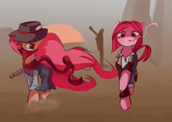 Size: 1415x1000 | Tagged: safe, artist:solid shrimp, fluttershy, pinkie pie, earth pony, pegasus, pony, g4, alternate hairstyle, bandana, cigarette, clothes, cowboy, cowboy hat, dessert, duo, female, gun, hat, mare, pinktober, rifle, scarf, short mane, smoking, weapon, windswept mane