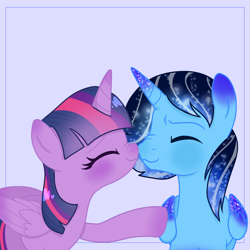 Size: 1280x1280 | Tagged: source needed, safe, artist:kai, twilight sparkle, oc, oc:blue thunder, alicorn, pony, g4, alicorn oc, boop, canon x oc, duo, eyes closed, female, horn, love, male, nose wrinkle, noseboop, pink background, shipping, simple background, straight, thundersparkle, twilight sparkle (alicorn), wings