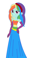 Size: 1253x2091 | Tagged: safe, artist:brightstar40k, artist:skyfallfrost, oc, oc only, oc:prism palette, human, equestria girls, g4, clothes, dress, evening gloves, fall formal, female, gloves, gown, grin, lidded eyes, long gloves, multicolored hair, rainbow hair, simple background, smiling, solo, white background