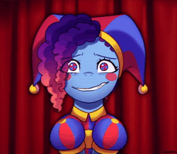 Size: 830x720 | Tagged: safe, alternate version, artist:maren, misty brightdawn, pony, g5, animated, clothes, cosplay, costume, crossover, eye clipping through hair, eye twitch, grin, gritted teeth, hat, jester, jester hat, jester outfit, looking at you, missing horn, music, nervous, nervous smile, pomni, rebirth misty, smiling, sound, teeth, the amazing digital circus, webm