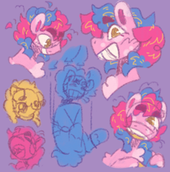 Size: 1502x1523 | Tagged: safe, artist:tottallytoby, pinkie pie, earth pony, pony, g4, alternate design, alternate hairstyle, alternate mane color, balloon, body markings, cheek fluff, facial markings, female, golden eyes, grin, mare, mismatched hooves, pale belly, purple background, simple background, sketch, smiling, solo, thick eyebrows, unshorn fetlocks, yellow eyes
