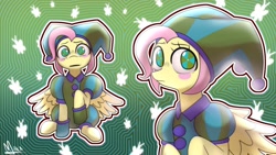 Size: 1920x1080 | Tagged: safe, artist:makaryo, fluttershy, pegasus, pony, g4, blush sticker, blushing, bust, crossover, cute, female, hat, jester, jester hat, jester outfit, mare, pomni, shyabetes, solo, the amazing digital circus