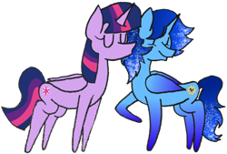 Size: 1000x674 | Tagged: source needed, safe, artist:sneshpone, twilight sparkle, oc, oc:blue thunder, alicorn, pony, g4, alicorn oc, canon x oc, duo, female, horn, kissing, male, simple background, straight, thundersparkle, transparent background, twilight sparkle (alicorn), wings