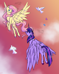 Size: 3231x4098 | Tagged: safe, artist:nqiioh, fluttershy, twilight sparkle, alicorn, bird, butterfly, pegasus, pony, g4, colored pupils, duo, female, flying, implied rainbow dash, mare, sky background, twilight sparkle (alicorn)
