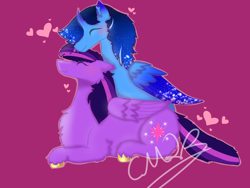 Size: 3000x2250 | Tagged: artist needed, source needed, safe, twilight sparkle, oc, oc:blue thunder, alicorn, pony, g4, alicorn oc, canon x oc, cuddling, duo, eyes closed, female, high res, horn, love, male, pink background, purple background, simple background, straight, thundersparkle, together, together forever, twilight sparkle (alicorn), wings