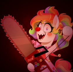 Size: 1100x1080 | Tagged: safe, artist:thewandie, oc, oc only, oc:giggle grin, earth pony, pony, chainsaw, clown, clown makeup, clown nose, commission, eyeshadow, fangs, female, makeup, mare, multicolored hair, open mouth, rainbow hair, red nose, solo, sticker, this will end in death, ych result