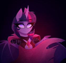 Size: 1040x1000 | Tagged: safe, artist:thewandie, twilight sparkle, alicorn, bat, bat pony, bat pony alicorn, pony, spider, undead, vampire, g4, bat ponified, bat wings, blood, blue background, cape, choker, closed mouth, clothes, commission, cute, cute little fangs, eyeshadow, fangs, female, gradient background, horn, lidded eyes, makeup, mare, race swap, simple background, smiling, solo, spread wings, thick eyelashes, torn clothes, twibat, twilight sparkle (alicorn), wings, ych result