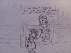 Size: 1196x897 | Tagged: safe, artist:dhm, oc, oc:filly anon, earth pony, pony, drawthread, female, fence, filly, meme, monochrome, outdoors, sketch, traditional art, tree, wholesome