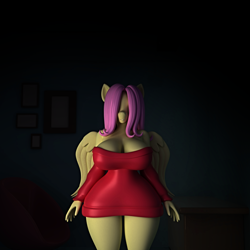 Size: 2000x2000 | Tagged: safe, artist:argos90, fluttershy, anthro, g4, 3d, breasts, busty fluttershy, clothes, creepy, creepy smile, dark room, hidden eyes, high res, imminent sex, sexy, smiling, sweater, wings, yandereshy