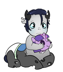 Size: 858x975 | Tagged: safe, artist:smirk, oc, oc:valorie, centaur, changeling, hybrid, taur, decapitated, diaper, doll, female, foal, interspecies offspring, male, offspring, parent:lord tirek, parent:queen chrysalis, parents:chrysirek, parents:chrystirek, plushie, solo, toy