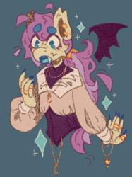 Size: 1204x1613 | Tagged: safe, artist:tottallytoby, fluttershy, bat pony, pony, anthro, g4, bat ponified, bat wings, beanbrows, blouse, blue background, blue tongue, bracelet, clothes, colored tongue, colored wings, corset, cute, cute little fangs, ear freckles, ear piercing, ear tufts, earring, eyebrows, fangs, female, floating wings, flutterbat, freckles, freckleshy, jewelry, mare, nail polish, necklace, open mouth, piercing, ponytail, race swap, ring, simple background, solo, sparkles, wings